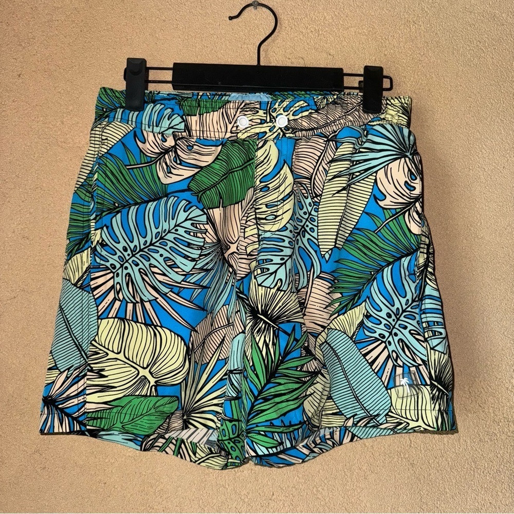 Blue and Green Board Shorts with Tropical Print